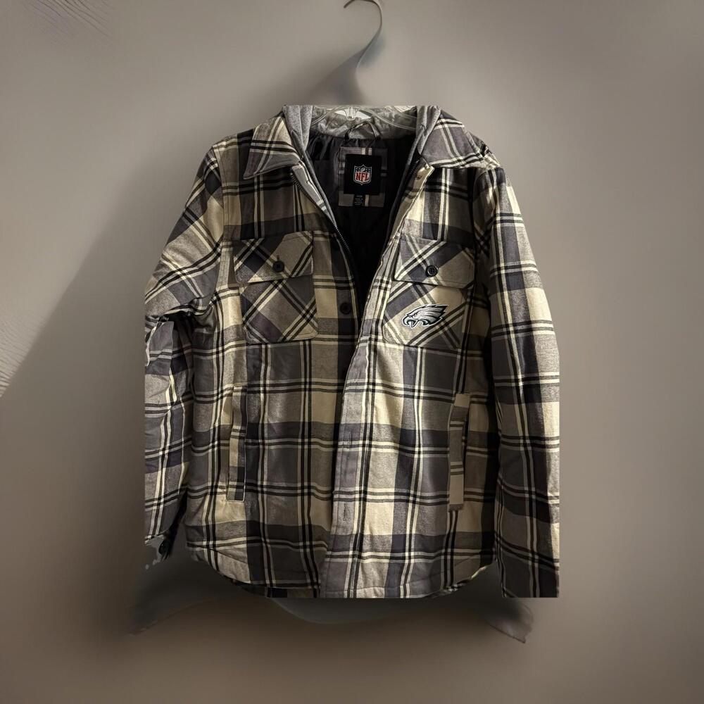Philadelphia Eagles Quilted Plaid Hooded Zip Up Button Jacket Small NWT